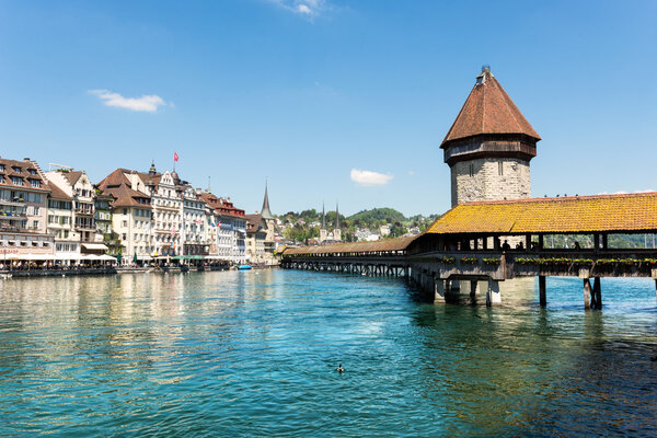 Famous wooden Chapel Bridge in Luzern, Switzerland