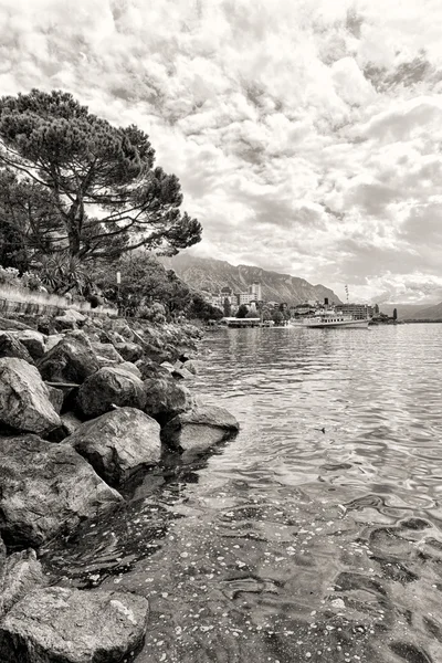 Fiori e alberi vicino al lago, Montreux. Svizzera — Foto Stock