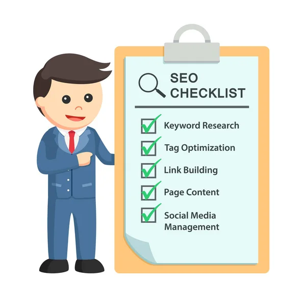 Zakenman Met Seo Checklist — Stockvector