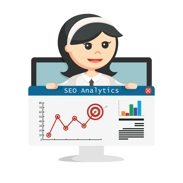 Seo Analytics Tenir Par Femme Affaires Dans Moniteur — Image vectorielle