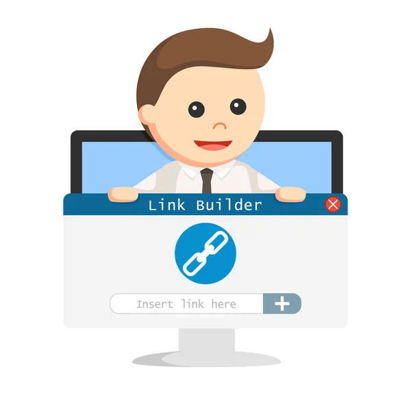 Seo Länk Byggnad Håll Affärsman Monitor — Stock vektor