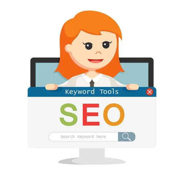 Seo Keyword Search Hold Busnisswoman Monitor — Stockvektor