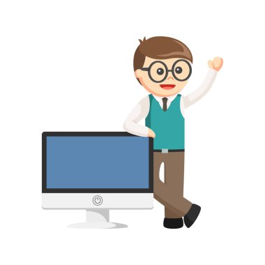 nerd office standing beside design character on white background