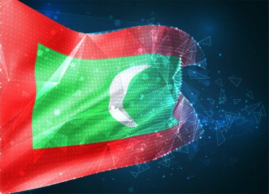 Maldivler, vektör bayrağı, mavi arkaplandaki üçgen çokgenlerden sanal üç boyutlu nesne
