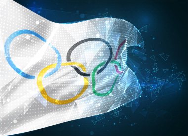 Olimpiad vektör bayrağı, mavi arkaplan üzerindeki üçgen çokgenlerden sanal soyut üç boyutlu nesne