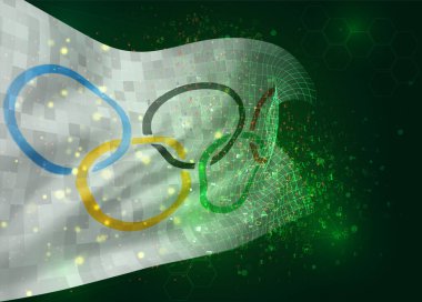 Olimpiad vektör bayrağı, arka plandaki üçgen çokgenlerden sanal soyut üç boyutlu nesne