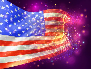 ABD, Amerika, pembe arka planda ışık ve fişeklerle 3D vektör bayrağı