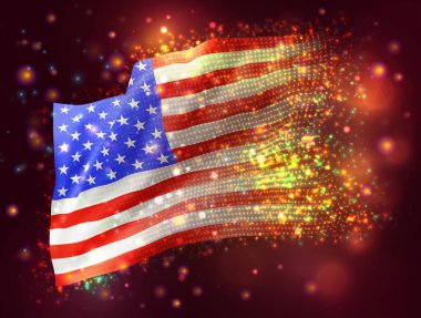 ABD, Amerika, pembe arka planda ışık ve fişeklerle 3D vektör bayrağı