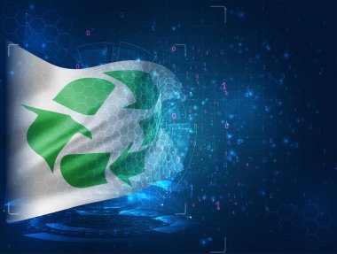 Çöp geri dönüşüm vektör bayrağı, mavi arkaplan üzerindeki üçgen çokgenlerden sanal soyut üç boyutlu nesne