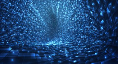 Işık saçan parçacıkların ve kristallerin mavi akışı, sanal veri