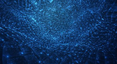 Işık saçan parçacıkların ve kristallerin mavi akışı, sanal veri