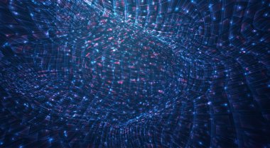 Işık saçan parçacıkların ve kristallerin mavi akışı, sanal veri