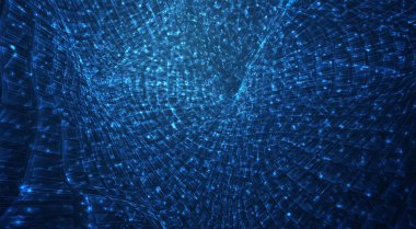 Işık saçan parçacıkların ve kristallerin mavi akışı, sanal veri