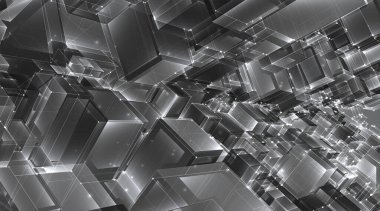 Vektör soyut 3D kristal. Şehrin çatılarının manzarası, büyük kaotik cam kolyeler..