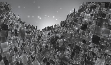 Vektör soyut 3D kristal. Şehrin çatılarının manzarası, büyük kaotik cam kolyeler..