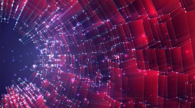 Küp ve karelerin mor ve pembe renkli vektör geometrik arkaplanı