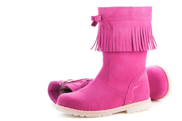 Botas rosadas de invierno para niños aisladas sobre fondo blanco — Foto de Stock