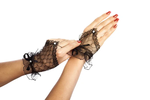 Kvinna svart spets handskar. isolerad på vit. — Stockfoto