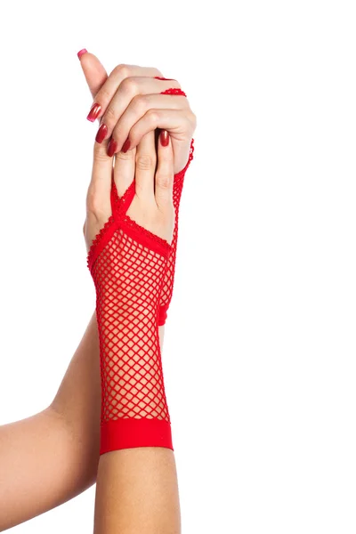 Vrouw rode kanten handschoenen. geïsoleerd op wit. — Stockfoto