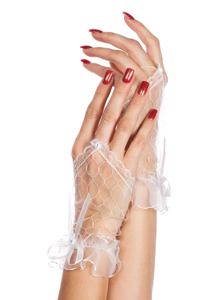 Kvinna vita spetsar handskar, isolerad på vit. — Stockfoto