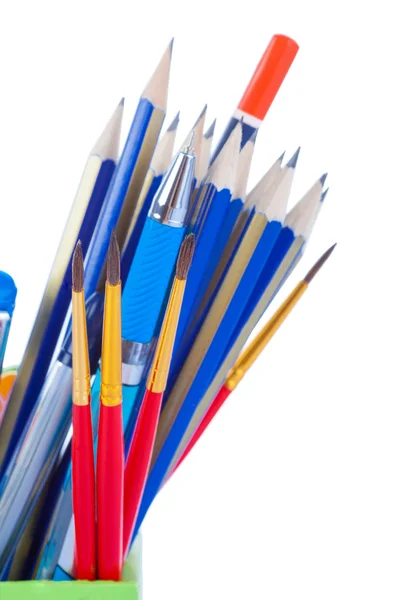 Pencils, brush and pen isolated on white background close up — Stock Photo, Image