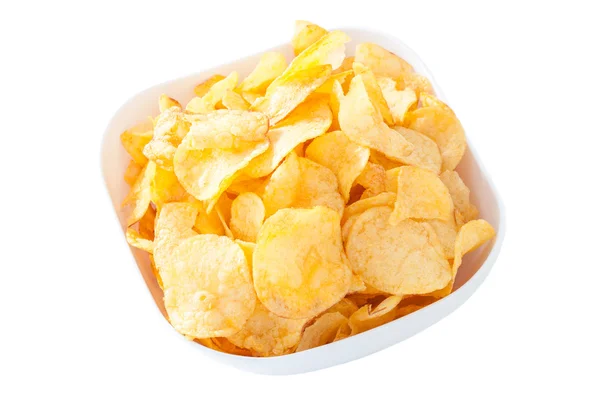 Potato chips in bowl isolated on white — Stock Photo, Image