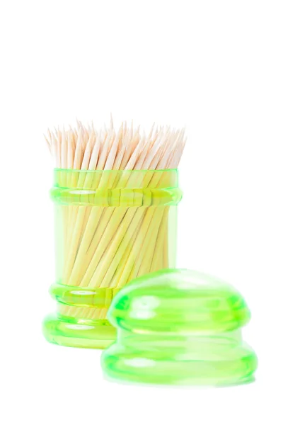 Toothpick in green container isolated on white — Stock Photo, Image