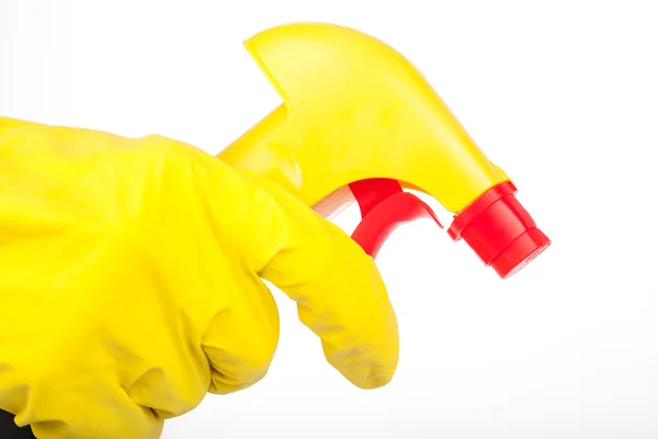 Mani in gomma guanti tenuta pulizia spray — Foto Stock