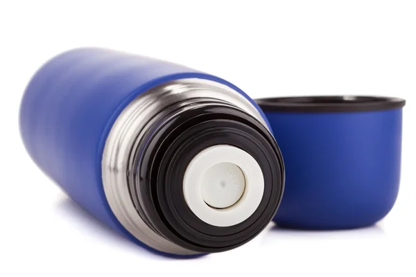 Blue plastic covered metal thermos — Stock Photo, Image
