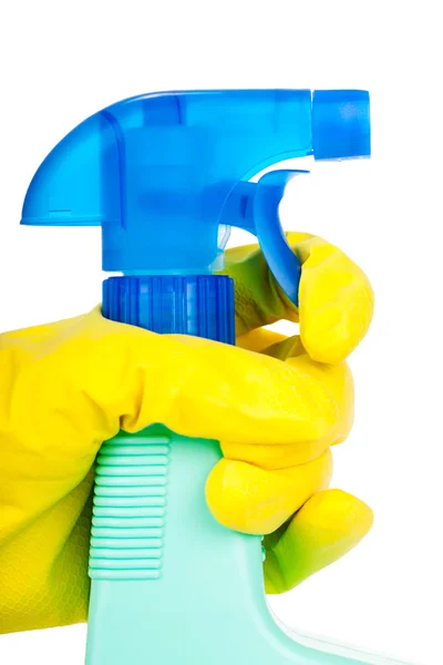 Hands in rubber gloves holding cleaning spray. — Stock Photo, Image