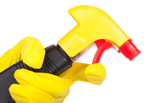 Hands in rubber gloves holding cleaning spray — Stock Photo, Image