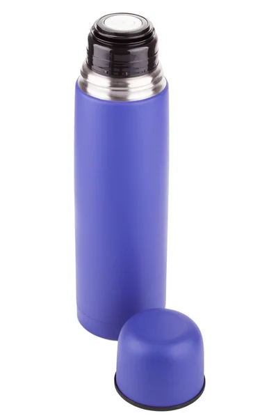 Blauw plastic bedekt metaal thermos — Stockfoto