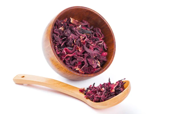 Tigela de chá Hibiscus aromático com colher de madeira — Fotografia de Stock