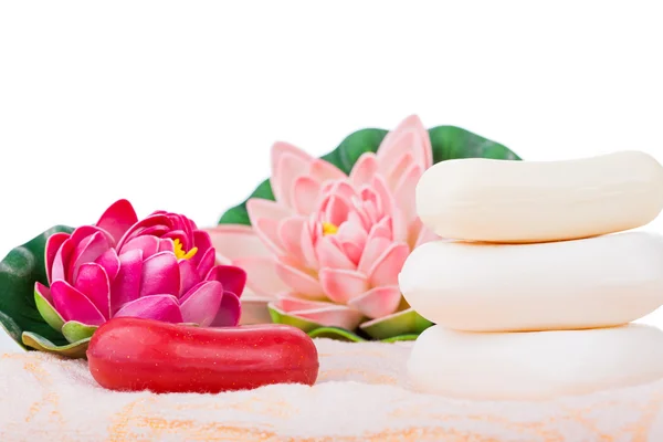 Towels, organic soap and lily — Stock Photo, Image