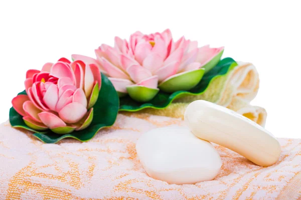 Towels, organic soap and lily — Stock Photo, Image