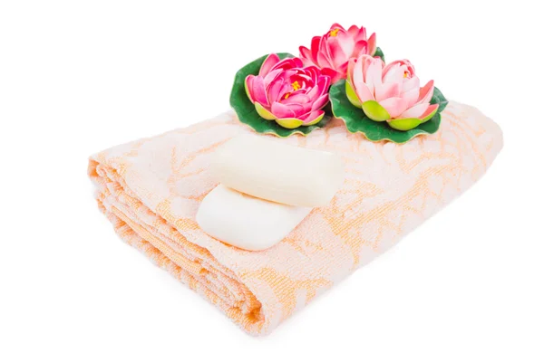 Towels, organic soap and lily — Stock Photo, Image