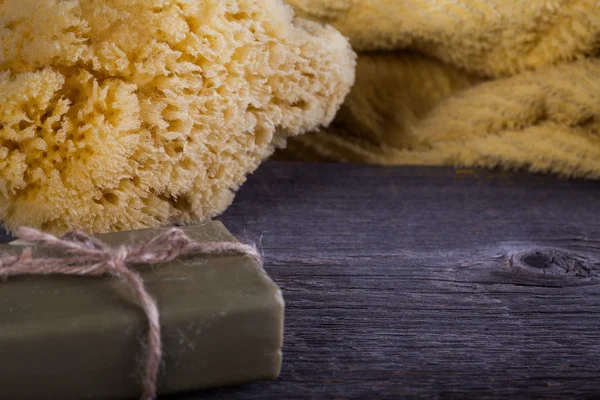 Soap, towel and a sponge — Stock Photo, Image