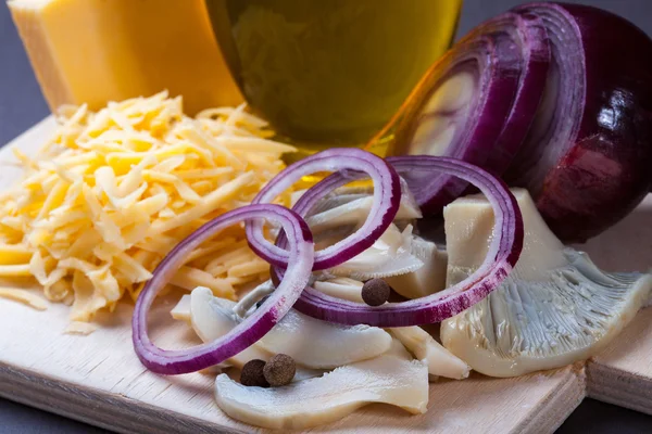 Olive oil, cheese, mushrooms,onions — Stock Photo, Image