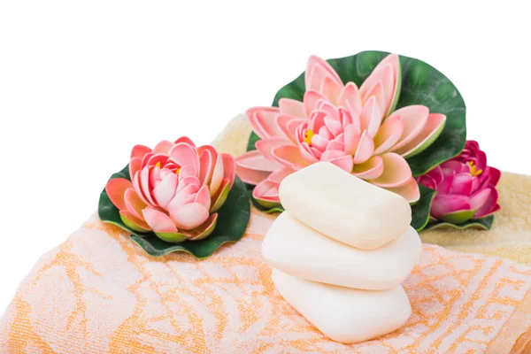 Towels, organic soap and lily — Stock Photo, Image