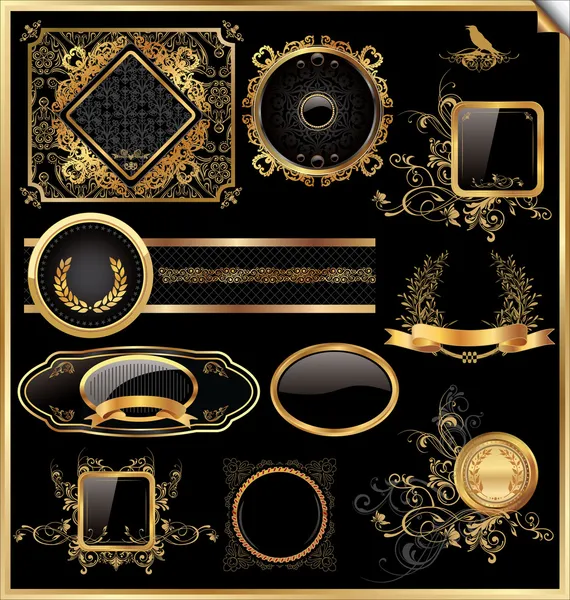 Conjunto vetorial de etiquetas vintage emolduradas a preto e ouro —  Vetores de Stock