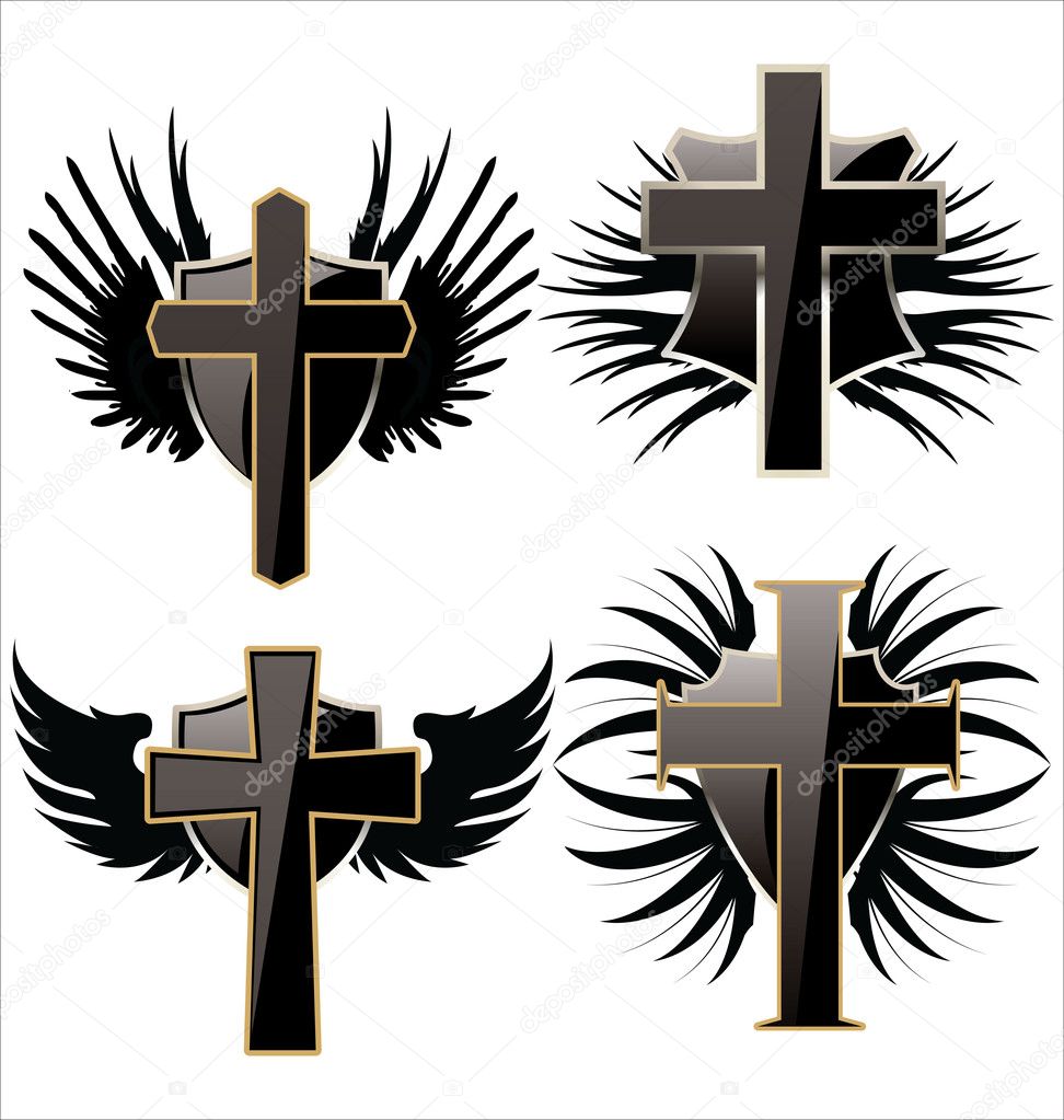 Cross on Black shield with wings set Stock Vector by ©creative-4m 12160637