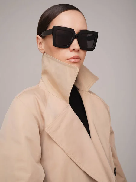 Beautiful Young Lady Beige Trench Coat Black Sunglasses Fashion Style Stock Image