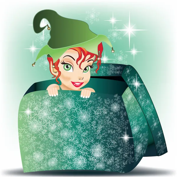 Elf smiling girl coming out from gift wrap — Stock Vector