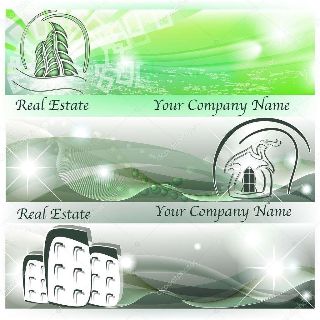 Banners with abstract houses and skyscrapers in green color