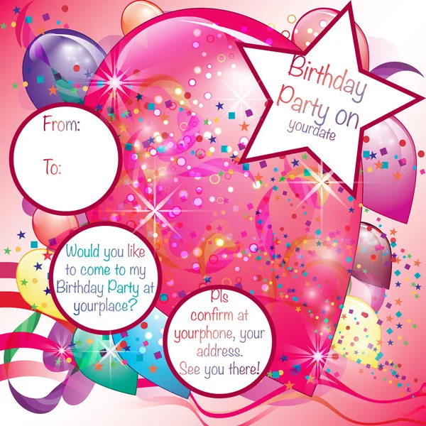 Balloons Party Carte d'invitation pour fille — Image vectorielle