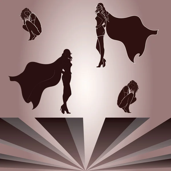 Elemen untuk wanita berjongkok dan bayangan superheroine ini - Stok Vektor