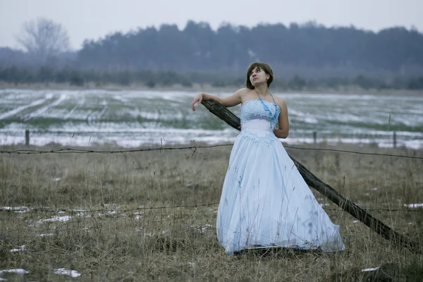 在冬天的旷野的单身女孩 图库照片
