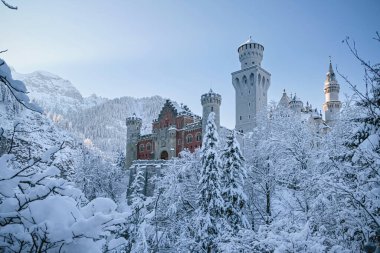 FUESSEN, GERMANY - CIRCA Aralık 2019: Fuessen, Bavyera, Almanya yakınlarındaki Neuschwanstein Şatosu