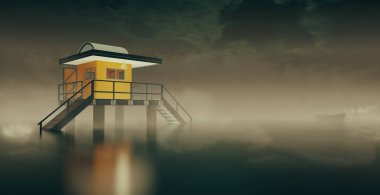 Sis deniz manzaralı, suda bina, 3 boyutlu illüstrasyon