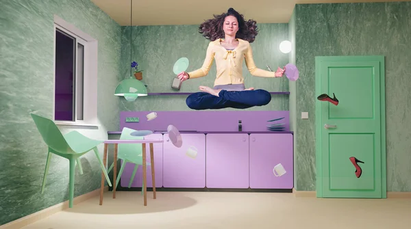 Young Woman Levitating Yoga Pose Kitchen — Fotografia de Stock